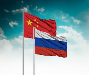  National flags of China and Russia wave side by side in a clear blue sky symbolizing international...