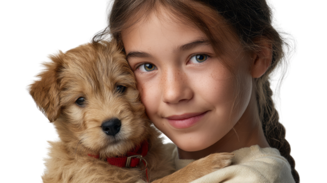 Heartwarming moment girl and puppy embrace studio setting transparent background emotional connection