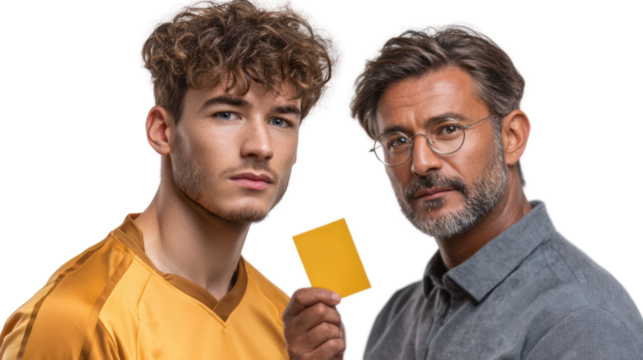 Yellow card warning between coach and player sports field photography transparent background close-up perspective