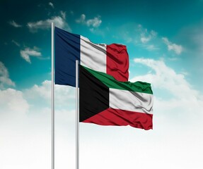  National flags of France and Kuwait wave side by side in a clear blue sky symbolizing...