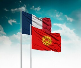  National flags of France and Kyrgyzstan wave side by side in a clear blue sky symbolizing...