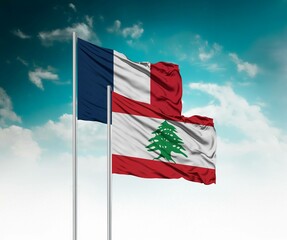  National flags of France and Lebanon wave side by side in a clear blue sky symbolizing...