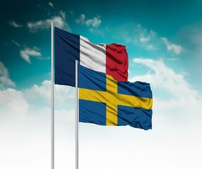  National flags of France and Sweden wave side by side in a clear blue sky symbolizing...