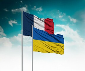  National flags of France and Ukraine wave side by side in a clear blue sky symbolizing...