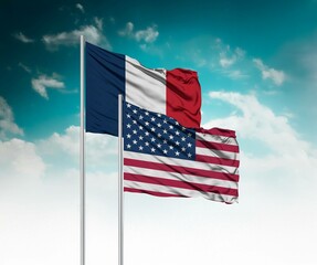  National flags of France and United States of America wave side by side in a clear blue sky...
