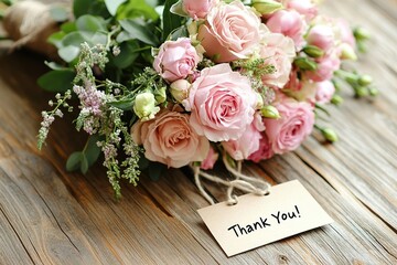 Pink rose bouquet with thank you note on wood