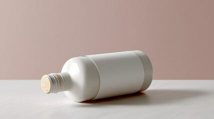 minimalist white bottle with cork lid lies on smooth surface, creating modern aesthetic. soft pink background adds touch of elegance to composition