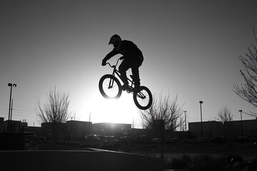 A BMX biker mid-air performing a stunt silhouette