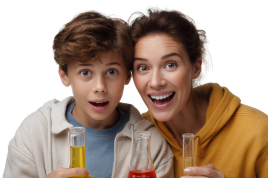 Exciting science experiment with mom and son transparent background fun chemistry bright colorful liquids