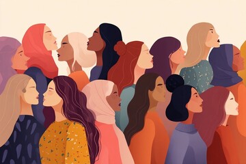 Women from diverse backgrounds expressing unity and strength in colorful artwork