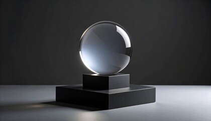Saturated glow of a translucent orb resting on matte black platform, soft shadows create dramatic depth