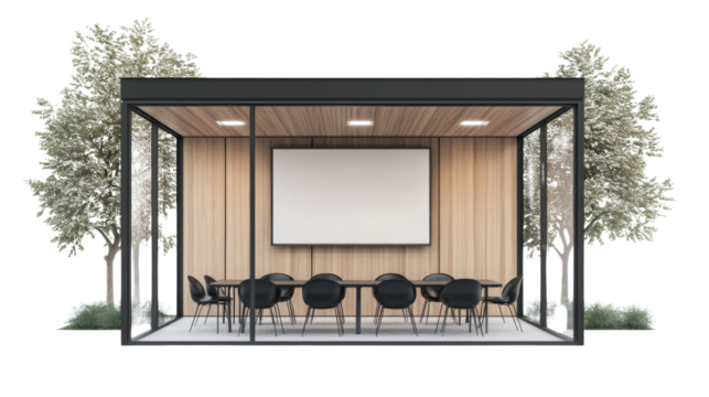 Modern meeting room with glass partitions woof on white background