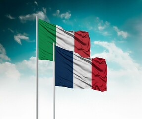  National flags of Italy and France wave side by side in a clear blue sky symbolizing international...