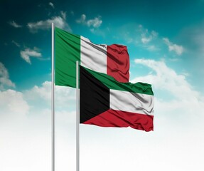  National flags of Italy and Kuwait wave side by side in a clear blue sky symbolizing international...