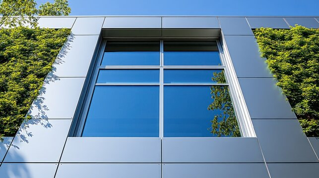 Modern building facade with large window and green wall