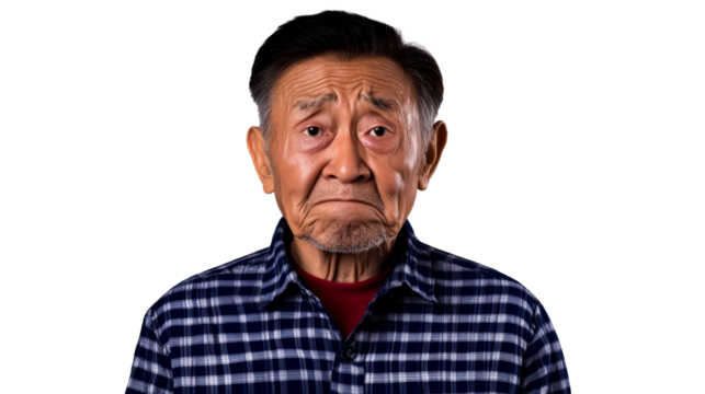 Worried Asian older man in flannel portrait, cut out transparent