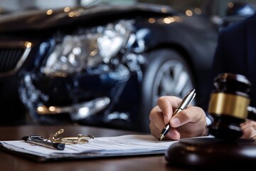 Lawyer completing accident report at office near damaged car during legal consultation