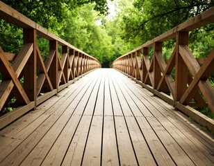 Wooden footbridge extending into a lush green forest