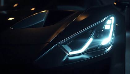 Elite supercar with led headlights close-up. Aggressive design of the front part of the black car