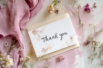 Elegant thank you card with pink flowers and fabric