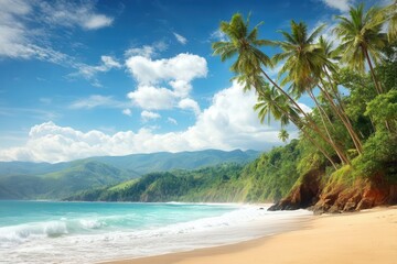 On a Caribbean island lies a breathtaking tropical white sand beach with coco palms and a turquoise sea