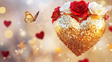 Shiny golden heart shape with delicate butterfly on Valentines Day concept background, romantic symbol, love theme, elegant decoration, celebration, passion, beauty, and affection design.