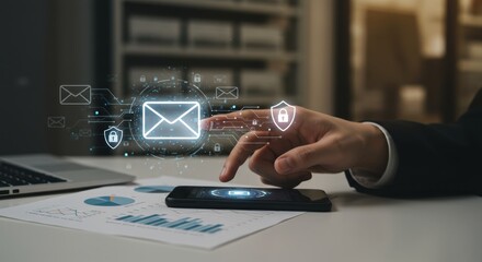 Email cybersecurity shield digital lock concept on mobile phone with holographic protection system for secure business communication