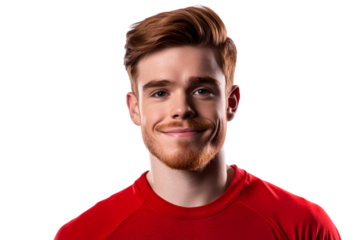 Headshot of redhead man smiling gently, isolated, cut out transparent