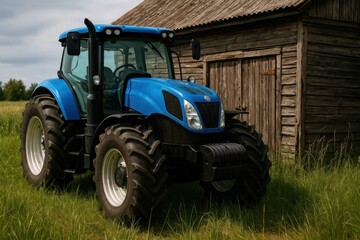 Obraz premium Tractor parked by weathered barn on a sunny countryside day
