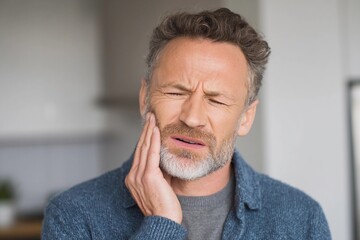 Obraz premium Man experiences dental pain while holding his jaw at home during morning hours