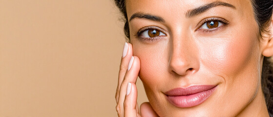 Beautiful woman with smooth skin touching face