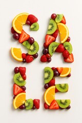 Colorful fruit arrangement spells out sale on a white background