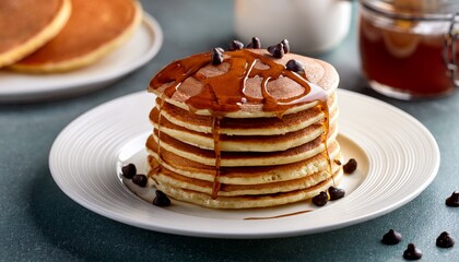 stack of chocolate chip pancakes drizzled with syrup on white plate creating delicious and inviting breakfast scene