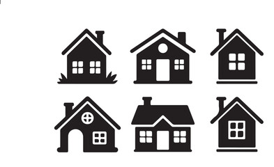 Simple monochrome house icon set silhouette vector illustration on white background