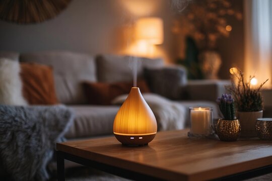 Cozy living room with an essential oil diffuser in warm evening light