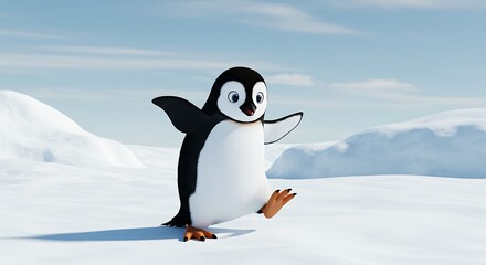 Penguin Walking on Snow Landscape Under Blue Sky