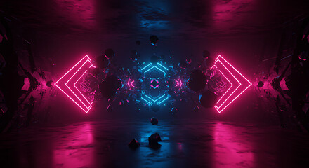Futuristic Neon Lightscape Abstract Pink and Blue Glowing Geometric Shapes and Shattered Crystals