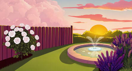 Creative 3D rendering of flowers in the garden being sprayed with water in a garden pond, soft texture image.