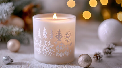 White candle with snowflakes and trees design placed on surface with blurred background, evoking cosy winter atmosphere, holiday décor, festive season, warmth, and peaceful vibes.