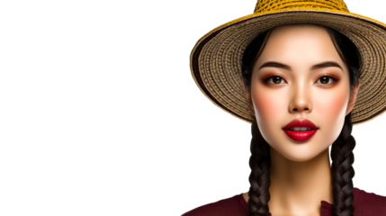 Attractive Asian woman with hat and braids, cut out transparent