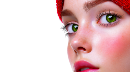 Female face, green eyes, red knit cap, beauty close up, cut out transparent