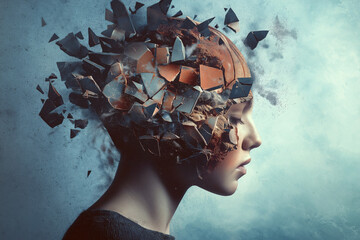 Artistic image of a person's head shattering into pieces, representing tension headaches and stress overload.
