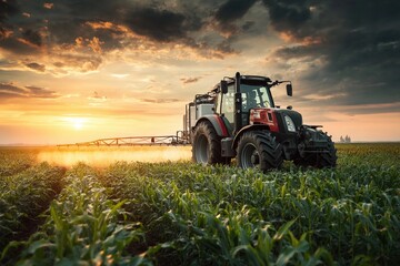Fototapeta premium Farm tractor spraying crops at sunset over expansive green fields