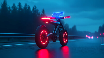 Obraz premium Futuristic Ebike with Neon Lights on a Wet Night Road