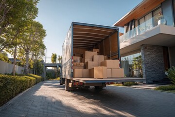 Delivery truck unloading packages in a modern residential neighborhood during daytime