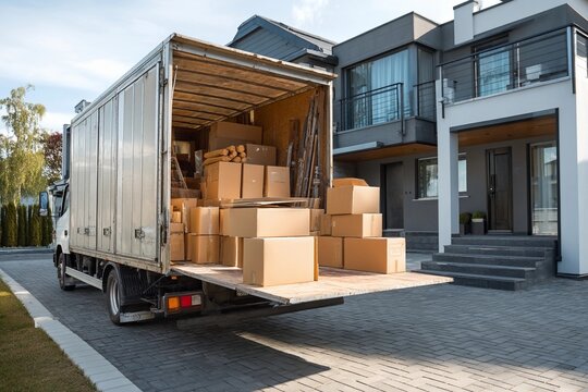 Moving boxes into a new house with a truck at the front steps during daylight