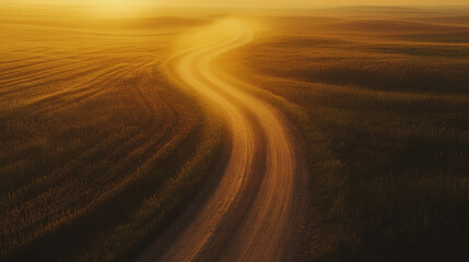 Dusty winding road curving through barren landscape symbolizing journey to success, personal growth, perseverance, challenges ahead, determination, rural path leading toward goals, hope, ambition.