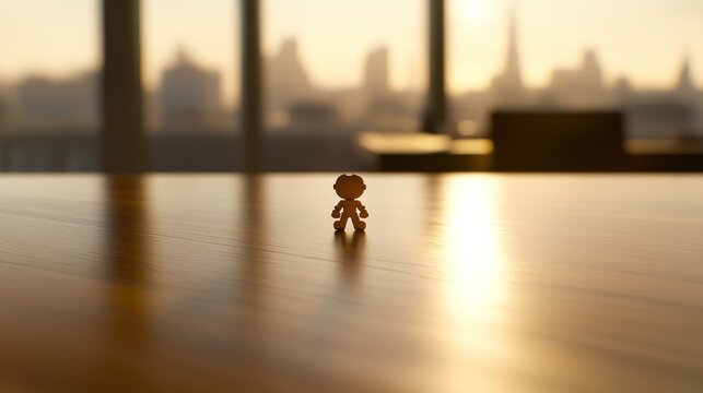 Sunrise city view, miniature figure on desk