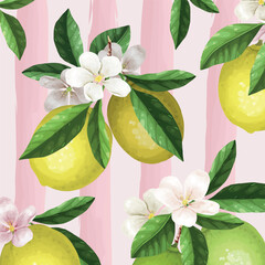 Lemon and blossom pattern on pink striped background