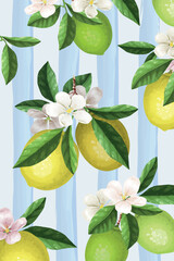 Lemon pattern with flowers and leaves on blue striped background